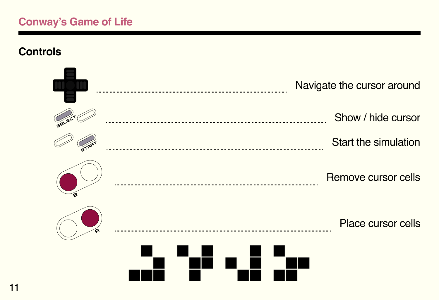 Owner's Manual - controls - conway's game of life