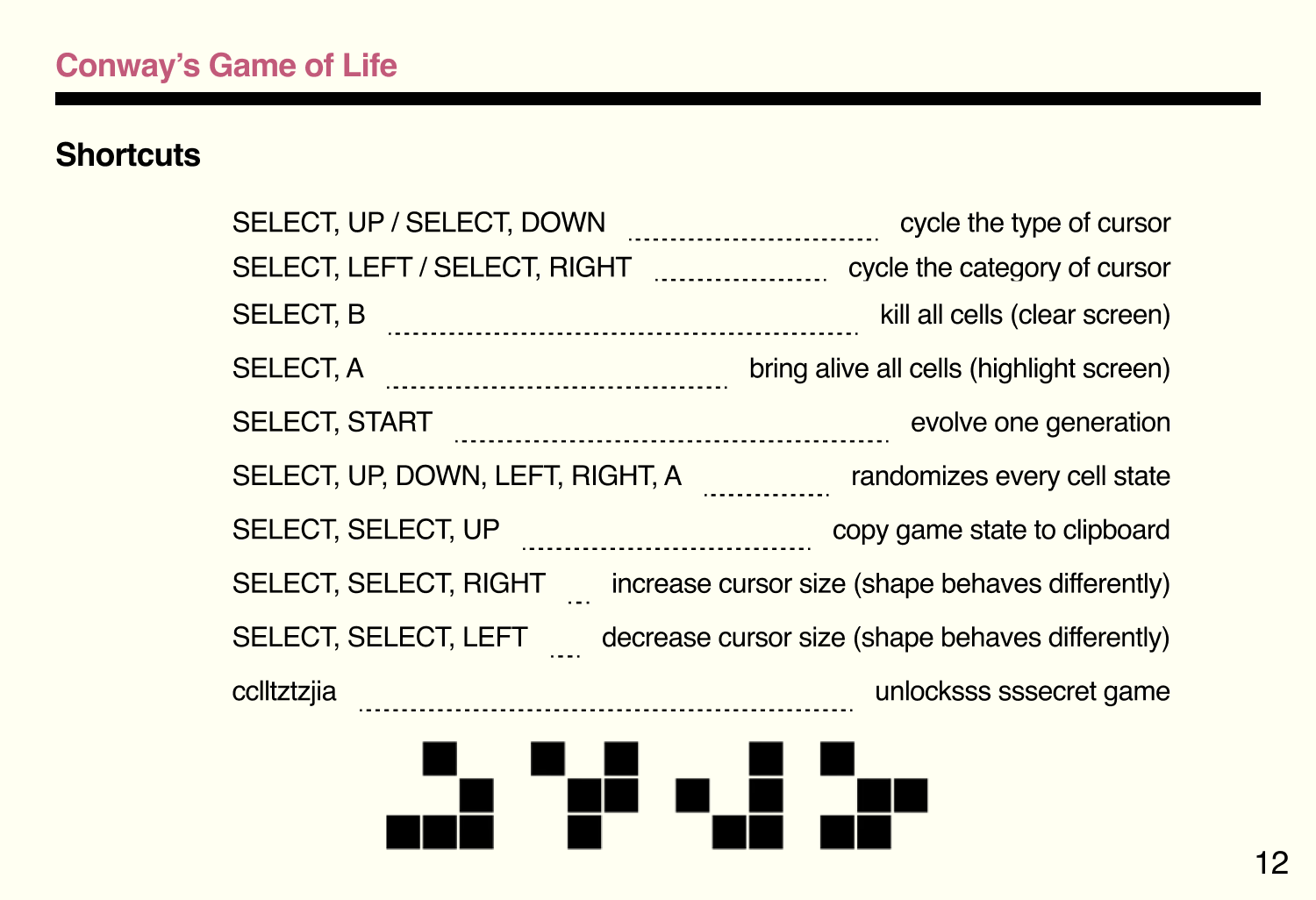 Owner's Manual - shortcuts - conway's game of life