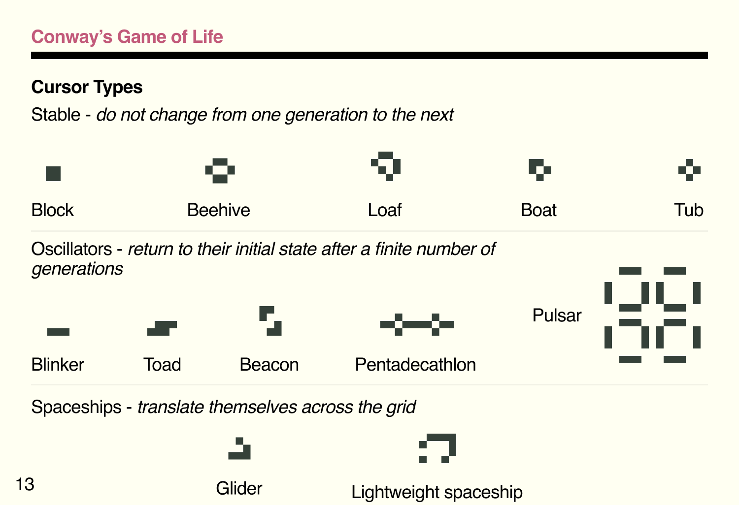Owner's Manual - cursor type - conway's game of life