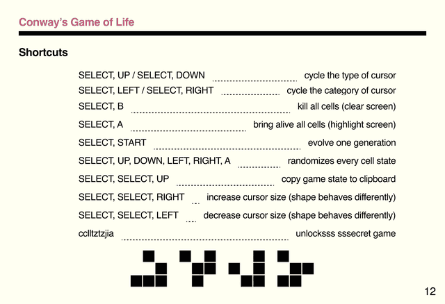 Thumbnail of Owner's Manual - shortcuts - conway's game of life